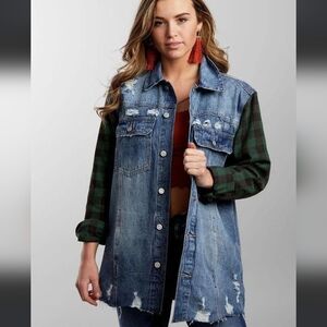 Bridge by Gly: Women’s Distressed Denim Shacket with Green Plaid Sleeves